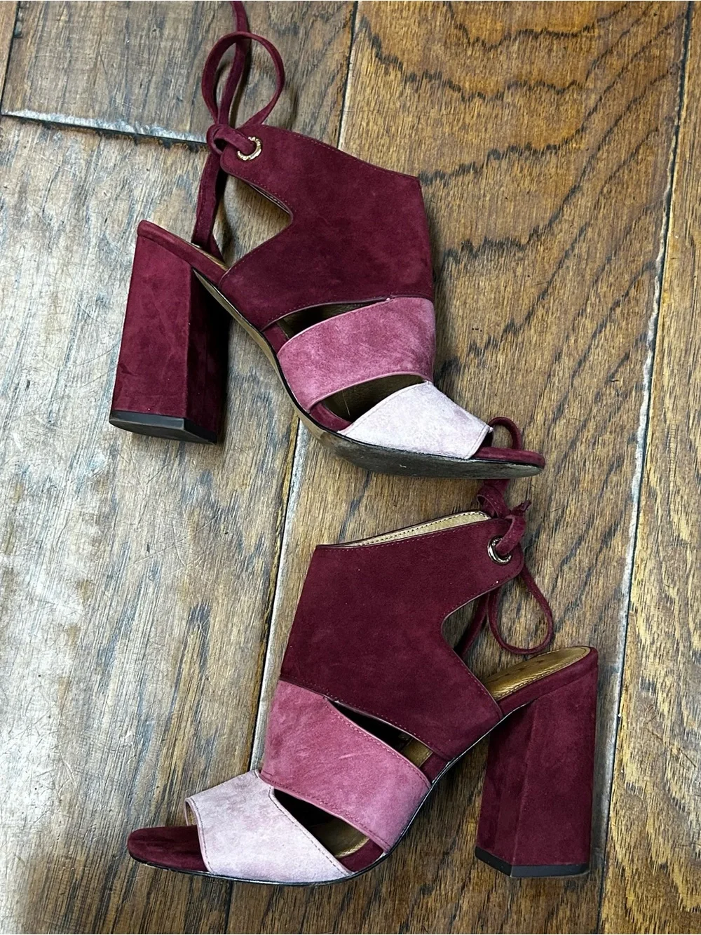 Coach Minetta Colorblock Suede Sandal in Pink and Burgundy